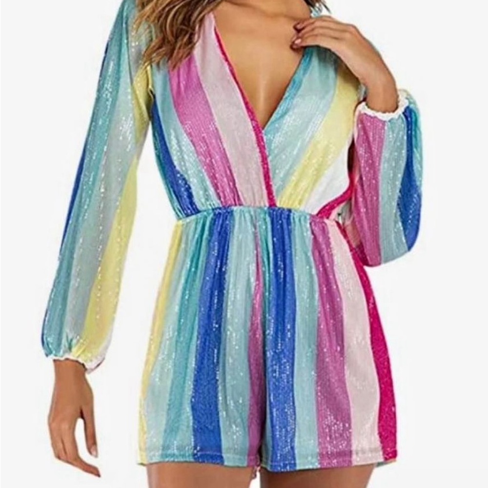 Rainbow sequin v neck romper